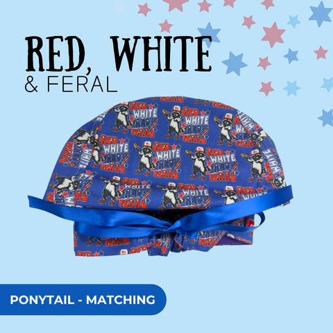 Red, White & Feral - Scrub Cap - rae & grace - Ponytail - Matching Top