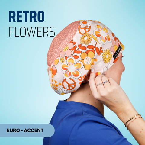 Retro Flowers - Scrub Cap - rae & grace - Euro - Accent Top