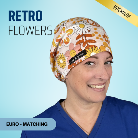 Retro Flowers - Scrub Cap - rae & grace - Euro - Matching Top