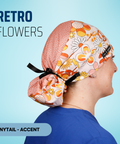 Retro Flowers - Scrub Cap - rae & grace - Ponytail - Accent Top
