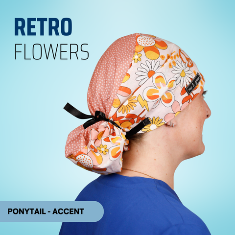 Retro Flowers - Scrub Cap - rae & grace - Ponytail - Accent Top