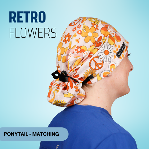 Retro Flowers - Scrub Cap - rae & grace - Ponytail - Matching Top