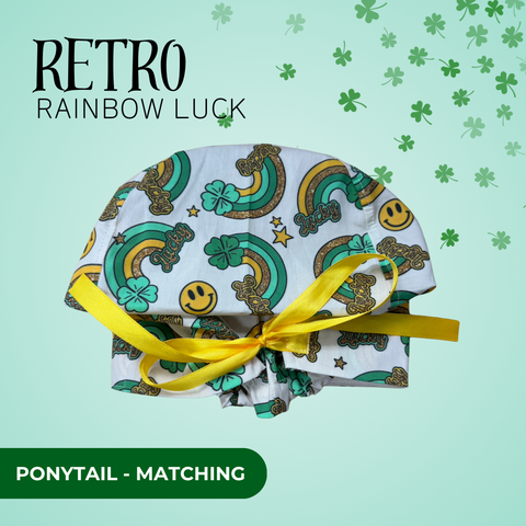 Retro Rainbow Luck - Scrub Cap - rae & grace - Ponytail - Matching Top