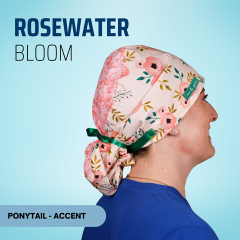 Rosewater Bloom - Scrub Cap - rae & grace - Ponytail - Accent Top