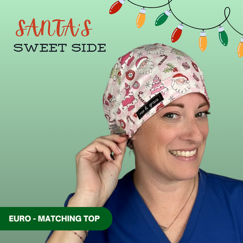 Santa’S Sweet Side  - Scrub Cap - rae & grace - Euro - Matching Top