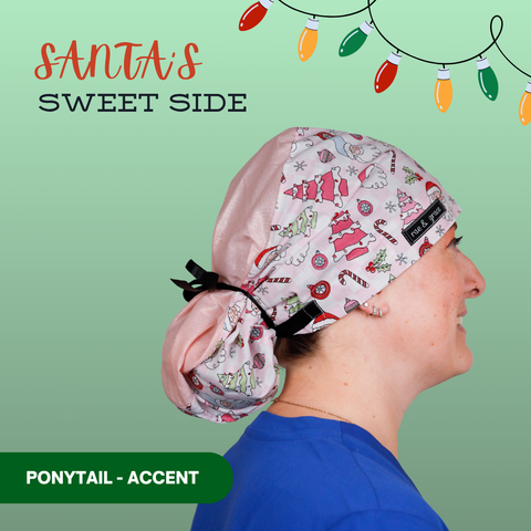 Santa’S Sweet Side  - Scrub Cap - rae & grace - Ponytail - Accent Top