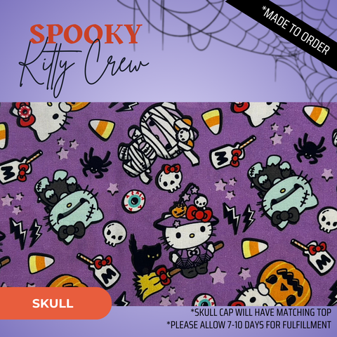 Spooky Kitty Crew  - Scrub Cap - rae & grace - Skull Cap - Made to order Please allow 7-10 days for fulfillment.