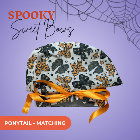 Spooky Sweet Bows - Scrub Cap - rae & grace - Ponytail - Matching Top