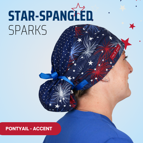 Star-Spangled Sparks - Scrub Cap - rae & grace - Ponytail - Accent Top