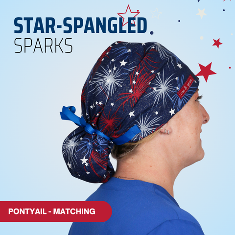 Star-Spangled Sparks - Scrub Cap - rae & grace - Ponytail - Matching Top