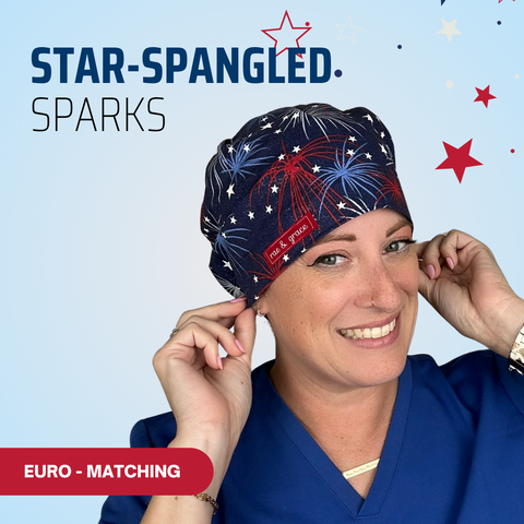 Star-Spangled Sparks - Scrub Cap - rae & grace - Euro - Matching Top