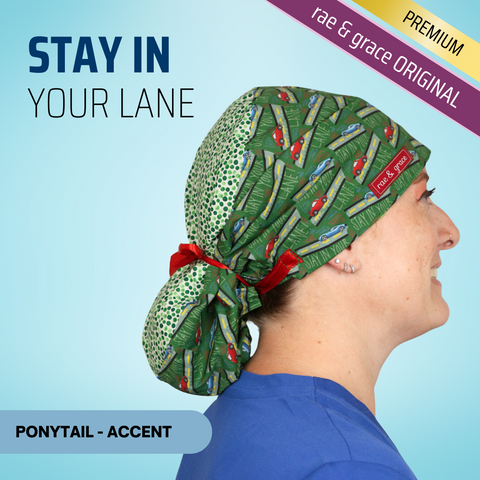 Stay In Your Lane - Scrub Cap - rae & grace - Ponytail - Accent Top