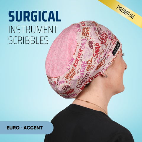 Surgical Instruments Scribbles - Pink - Scrub Cap - rae & grace - Euro - Accent Top
