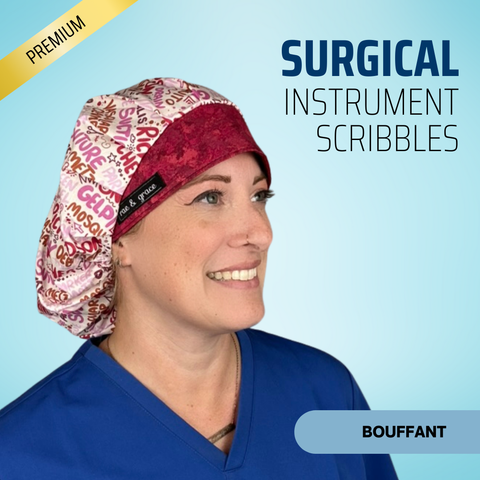 Surgical Instruments Scribbles Pink - Scrub Cap - rae & grace - Bouffant