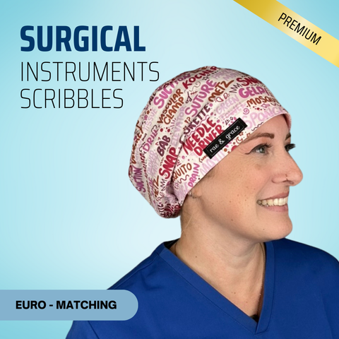 Surgical Instruments Scribbles Pink - Scrub Cap - rae & grace - Euro - Matching Top