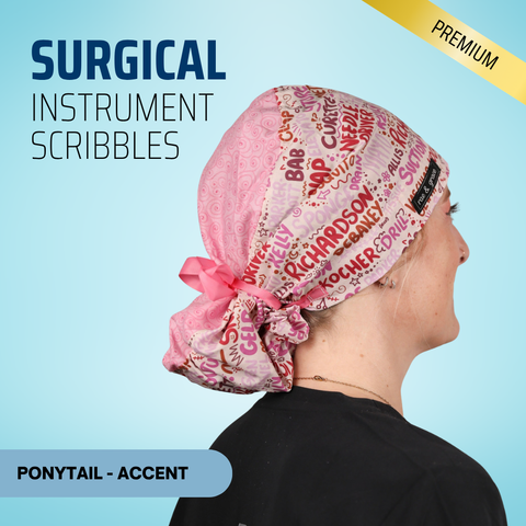Surgical Instruments Scribbles - Pink - Scrub Cap - rae & grace - Ponytail - Accent Top