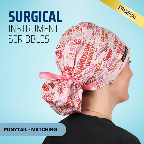 Surgical Instruments Scribbles - Pink - Scrub Cap - rae & grace - Ponytail - Matching Top