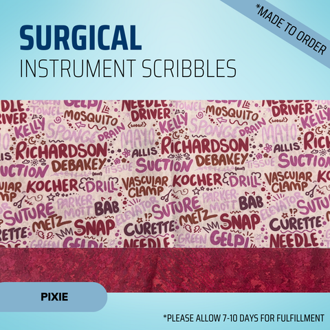 Surgical Instruments Scribbles Pink - Scrub Cap - rae & grace - Pixie - Made to order Please allow 7-10 days for fulfillment.