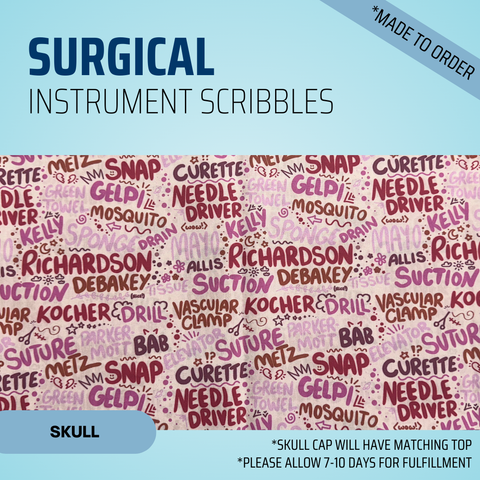 Surgical Instruments Scribbles Pink - Scrub Cap - rae & grace - Skull Cap - Made to order Please allow 7-10 days for fulfillment.