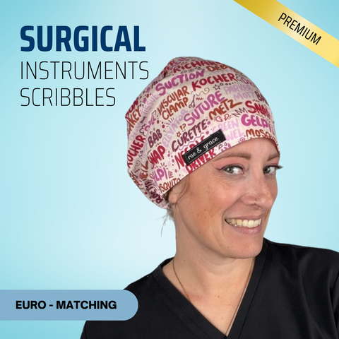 Surgical Instruments Scribbles - Pink - Scrub Cap - rae & grace - Euro - Matching Top