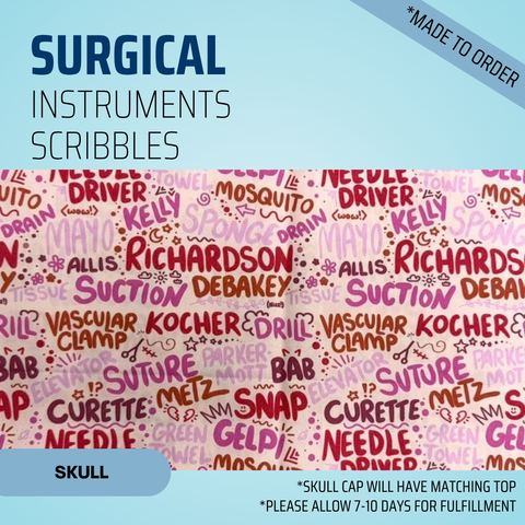 Surgical Instruments Scribbles - Pink - Scrub Cap - rae & grace - Skull Cap - *Made to order