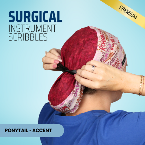Surgical Instruments Scribbles Pink - Scrub Cap - rae & grace - Ponytail - Accent Top
