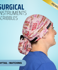 Surgical Instruments Scribbles Pink - Scrub Cap - rae & grace - Ponytail - Matching Top