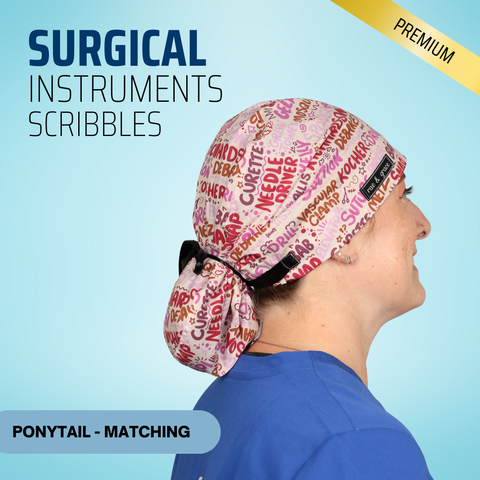 Surgical Instruments Scribbles Pink - Scrub Cap - rae & grace - Ponytail - Matching Top