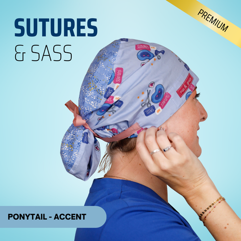 Sutures & Sass - Scrub Cap - rae & grace - Ponytail - Accent Top