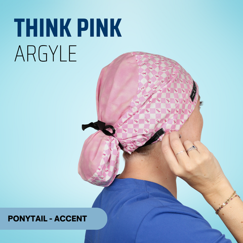 Think Pink Argyle - Scrub Cap - rae & grace - Ponytail - Accent Top