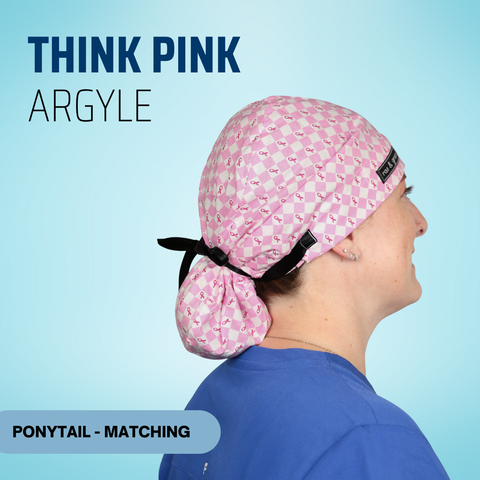 Think Pink Argyle - Scrub Cap - rae & grace - Ponytail - Matching Top