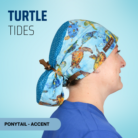 Turtle Tides  - Scrub Cap - rae & grace - Ponytail - Accent Top