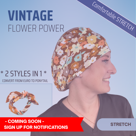 Vintage Flower Power - Scrub Cap - rae & grace - Ponytail - Matching Top