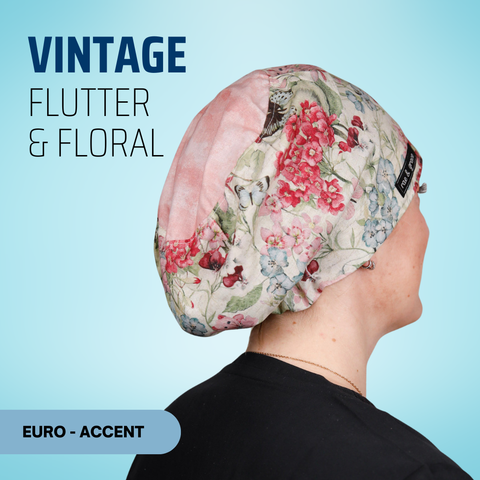 Vintage Flutter & Floral - Scrub Cap - rae & grace - Euro - Accent Top
