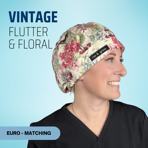 Vintage Flutter & Floral - Scrub Cap - rae & grace - Euro - Matching Top