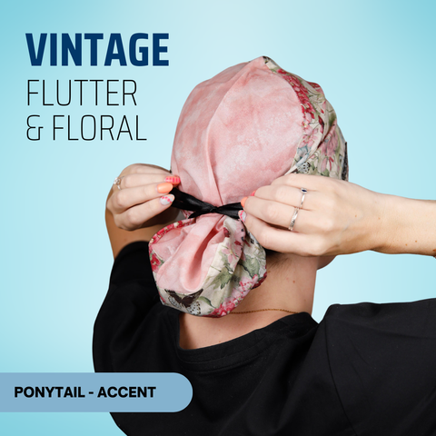 Vintage Flutter & Floral - Scrub Cap - rae & grace - Ponytail - Accent Top