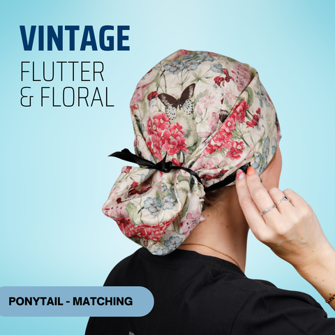 Vintage Flutter & Floral - Scrub Cap - rae & grace - Ponytail - Matching Top