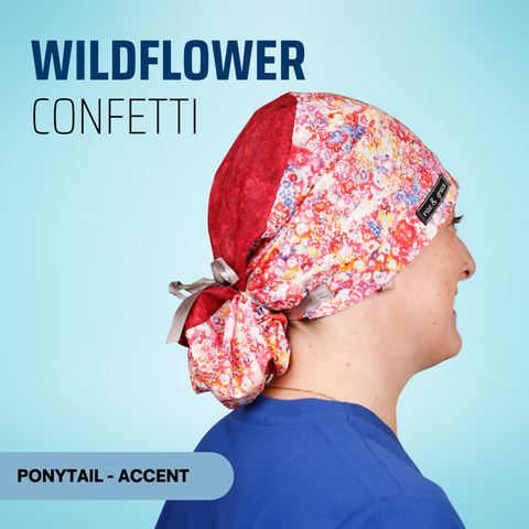 Wildflower Confetti - Scrub Cap - rae & grace - Ponytail - Accent Top
